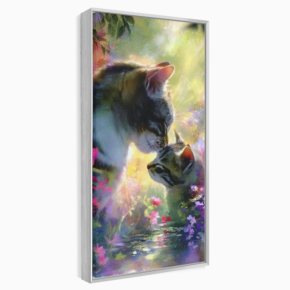 Tablou canvas cu tablou canvas cu pisici mangaite in gradina, in rama de aluminiu argintiu
